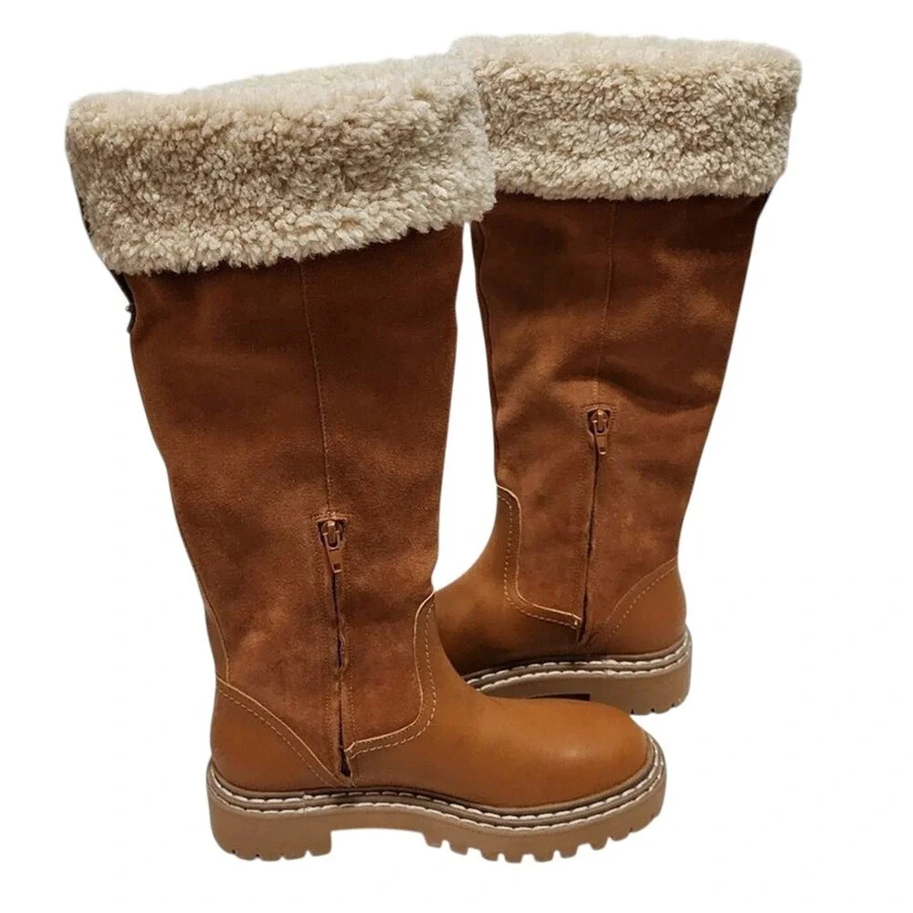 plendid Antonia Cognac Brown Tall Knee High Boots Faux Fur Cuff Lug‎ Sole